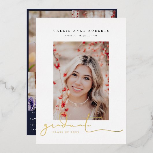 スクリプト化されたスナップショット写真の卒業 箔招待状 (正面/裏面)