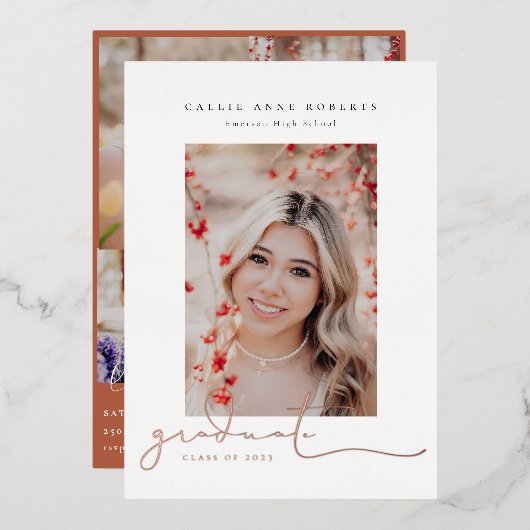 スクリプト化されたスナップショット写真の卒業 箔招待状 (正面/裏面)