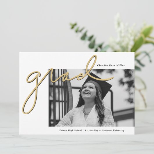 スクリプト化された金ゴールド写真の卒業 案内状 (スタンド正面)