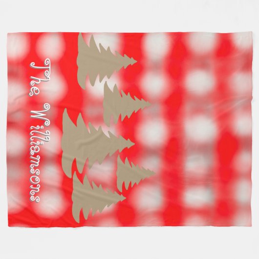 スクリプト名かわいいタータンチェック赤い白い金ゴールドツリー フリースブランケット (正面(横))