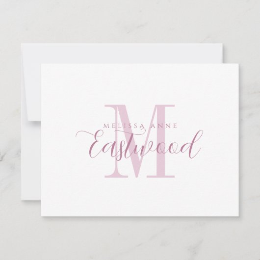 スクリプト名エレガントピンクモノグラムフラットノートカード ノートカード (正面)