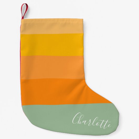 スクリプト名パーソナライズされた黄色オレンジストライプの色 スモールクリスマスストッキング (正面)