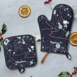 スクリプト名モダンかわいいネイビー金ゴールドツリーブルーキャビン。 鍋つかみ&鍋敷きセット