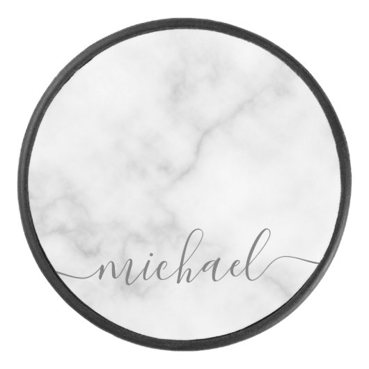 スクリプト名モダン白パーソナライズされた大理石 アイスホッケーパック (正面)