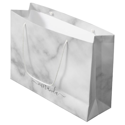 スクリプト名モダン白パーソナライズされた大理石 ラージペーパーバッグ (正面アングル)