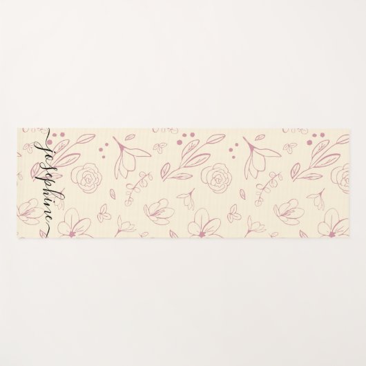 スクリプト名 カスタム ピンクの花模様 ベージュクリーム ヨガマット (正面(横))