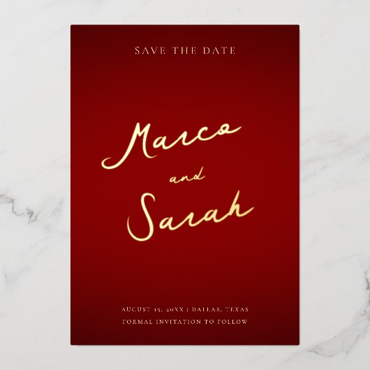 スクリプト名 |赤と金ゴールドの結婚式の日付を保存 箔招待状 (正面)