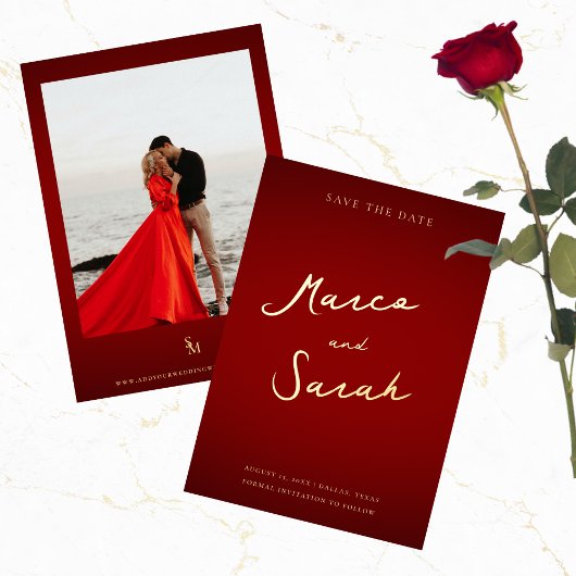 スクリプト名 |赤と金ゴールドの結婚式の日付を保存 箔招待状