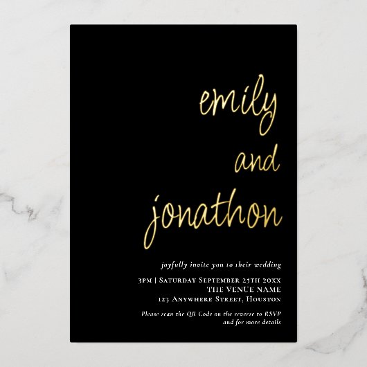 スクリプト名QRコード結婚のブラックラグジュアリー 箔招待状 (正面)