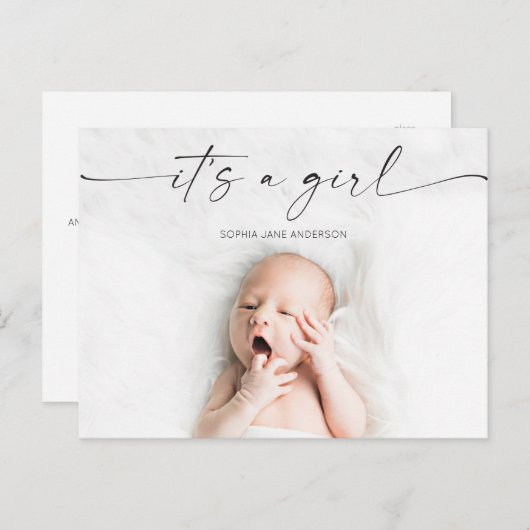 スクリプト女の子のベビー誕生発表写真 ポストカード (正面/裏面)
