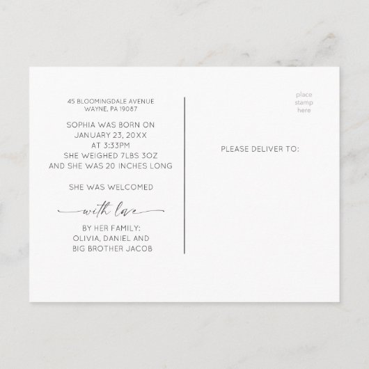 スクリプト女の子のベビー誕生発表写真 ポストカード (裏面)