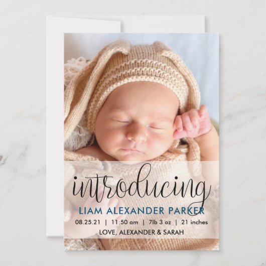 スクリプト導入ダークブルー男の赤ちゃん写真 案内状 (正面)