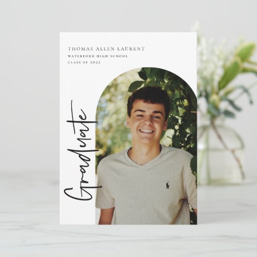 スクリプト形式の卒業アーチ型フレームフォト招待状 案内状 (スタンド正面)