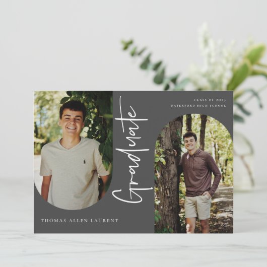 スクリプト形式の大学院アーチ型フレーム4フォト招待状 案内状 (スタンド正面)