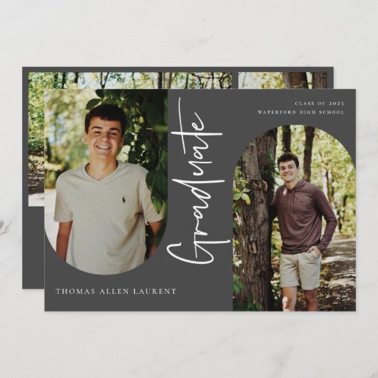 スクリプト形式の大学院アーチ型フレーム4フォト招待状 案内状 (正面/裏面)