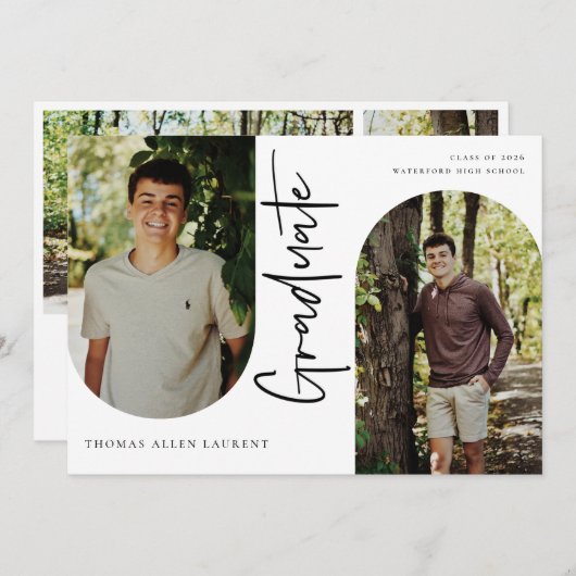 スクリプト形式の大学院アーチ型フレーム4フォト招待状 案内状 (正面/裏面)