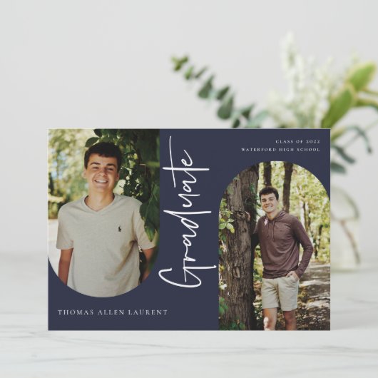 スクリプト形式の大学院アーチ型フレーム4フォト招待状 案内状 (スタンド正面)