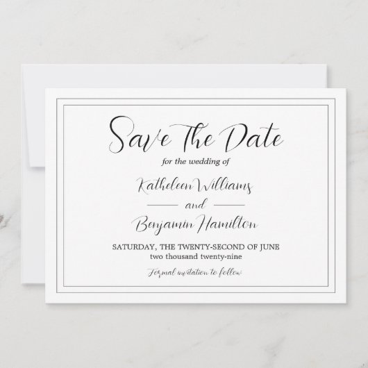 スクリプト形式の正式な白黒写真 ウェディング セーブザデート (正面)