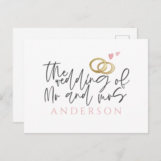 スクリプト文字結婚とリング 案内ポストカード (正面/裏面)