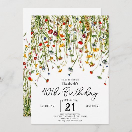 スクリプト春ワイルドフラワーズ40歳の誕生日 招待状 (正面/裏面)