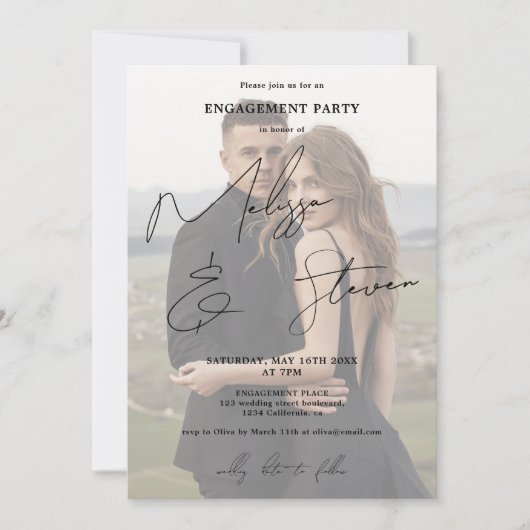 スクリプト書道の黒い婚約写真の名前 招待状 (正面)