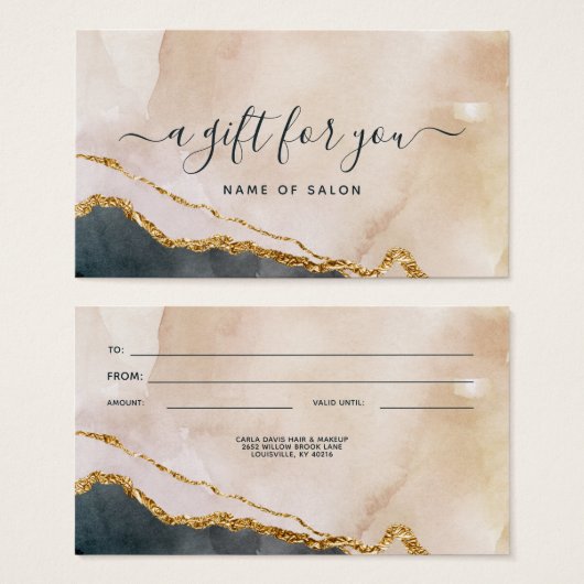 スクリプト水色ピンク黒金ゴールド大理石ギフトカード (正面&裏面)