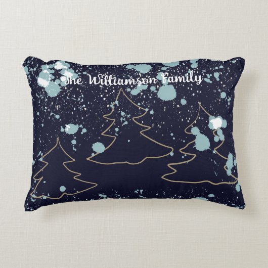 スクリプト海軍金ゴールドかわいい木々雪の農家の湖 アクセントクッション (正面)