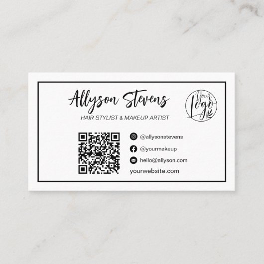 スクリプト白黒ヘアメイクフォトロゴqrコード 名刺 (正面)