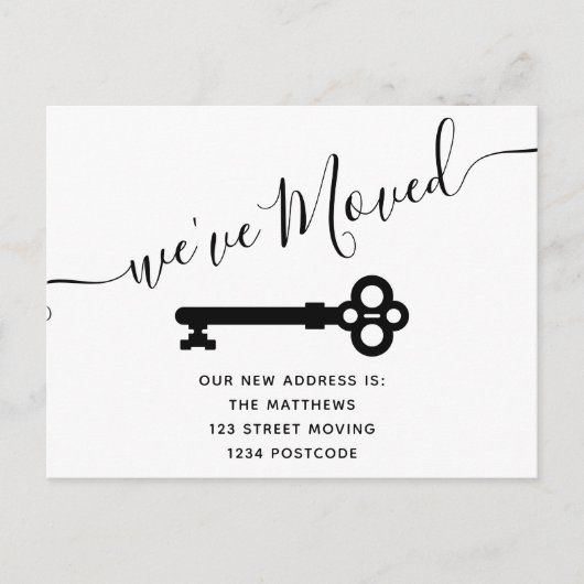 スクリプト白黒ミニマル鍵移動アナウンス 案内ポストカード (正面)