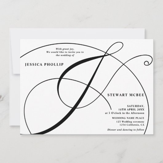 スクリプト白黒写真結婚書道 招待状 (正面)