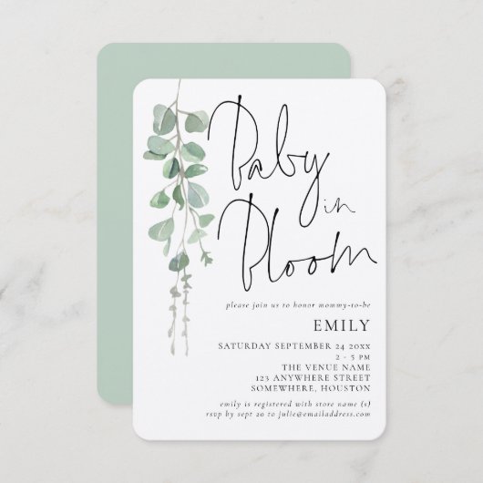 スクリプト素朴ユーカリ開花シャワーベビー 招待状 (正面/裏面)