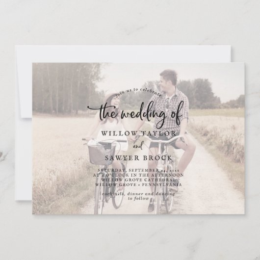 スクリプト素朴 |フェード付き横書き結婚の写真 招待状 (正面)