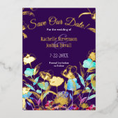 スクリプト紫のフローラウェディング日付カードを保存 箔招待状 (正面)