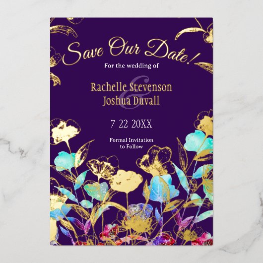 スクリプト紫のフローラウェディング日付カードを保存 箔招待状 (正面)