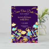 スクリプト紫のフローラウェディング日付カードを保存 箔招待状 (立ち正面)