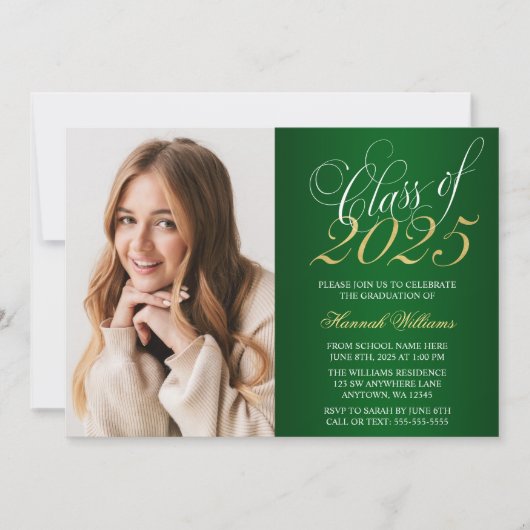 スクリプト緑の金ゴールド写真の卒業発表 招待状 (正面)
