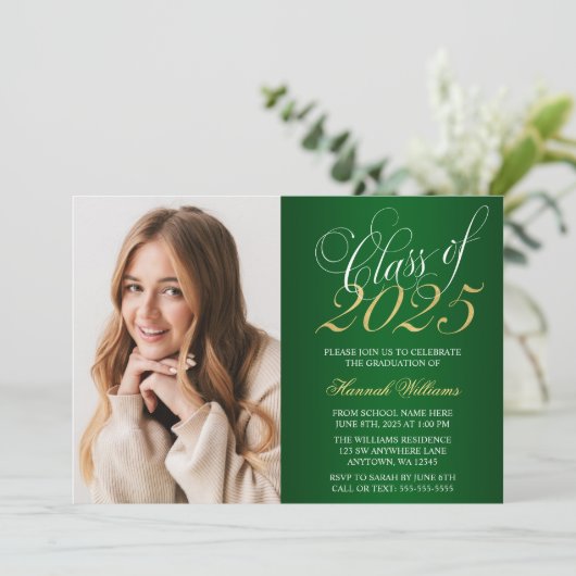 スクリプト緑の金ゴールド写真の卒業発表 招待状 (スタンド正面)