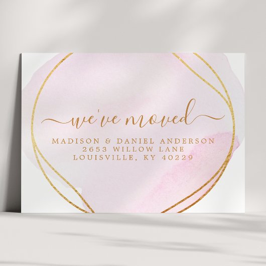 スクリプト赤面ピンクの水色の動きのお知らせ 案内ポストカード