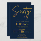 スクリプト金ゴールドとブルー60th誕生日パーティーへの招待 招待状 (正面/裏面)