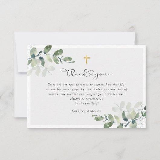 スクリプト金ゴールドクロスユーカリ悔やみや弔慰葬儀 サンキューカード (正面)