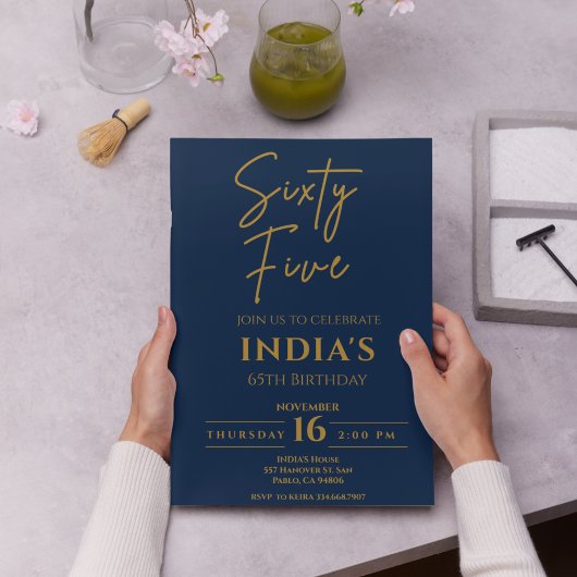 スクリプト金ゴールド&ブルー65th誕生日パーティー 招待状