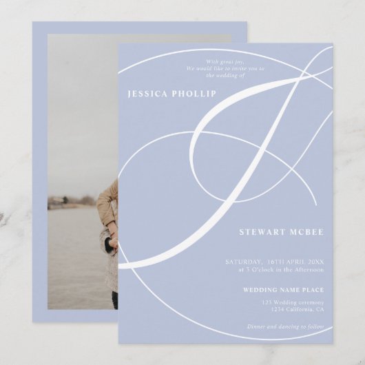 スクリプト青い写真の書結婚跡 招待状 (正面/裏面)