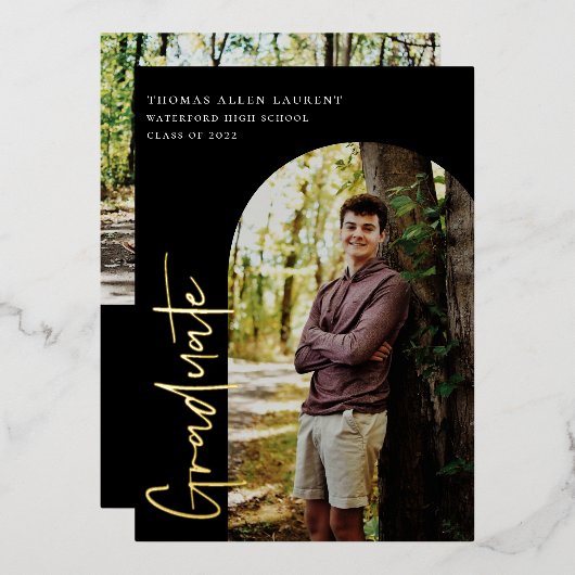 スクリプト アーチ フォト 卒業 ゴールド箔 招待状 (正面/裏面)