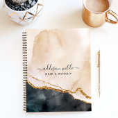 スクリプト ウォーターカラー ピンク ブラック ゴールド マーブル ビジネス ノートブック