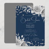 スクリプト シルバー フローラル グリッター ブライダル シャワー ネイビー 招待状 (正面/裏面)