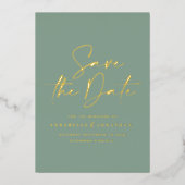 スクリプト セージグリーン フォイル 結婚式 Save the Date 箔招待状 (正面)