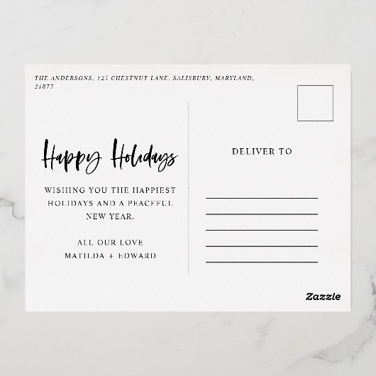 スクリプト ハッピーホリデー フォト 箔シーズンポストカード (裏面)