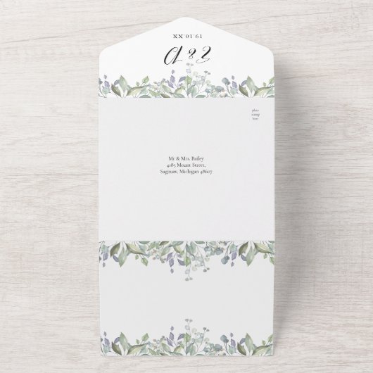 スクリプト ハーツ フローラル グリーン QR コード ウェディング オールインワン招待状 (外側)