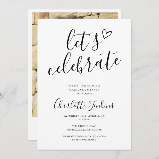 スクリプト ハート フォト 卒業パーティーをお祝いしよう 招待状 (正面/裏面)