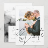 スクリプト ブラック ホワイト セーブ・ザ・デート フォト カード (正面/裏面)